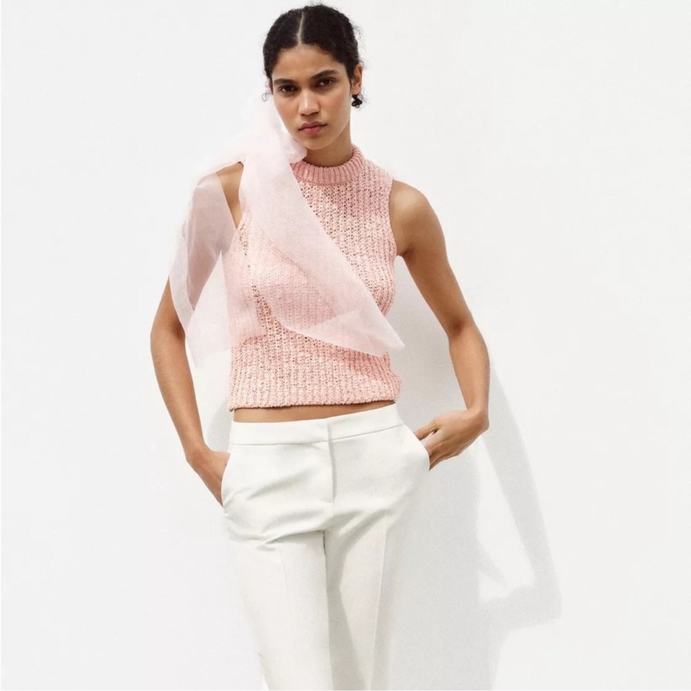 ZARA Organza Bow Peach / Pink Knit Top M NWT